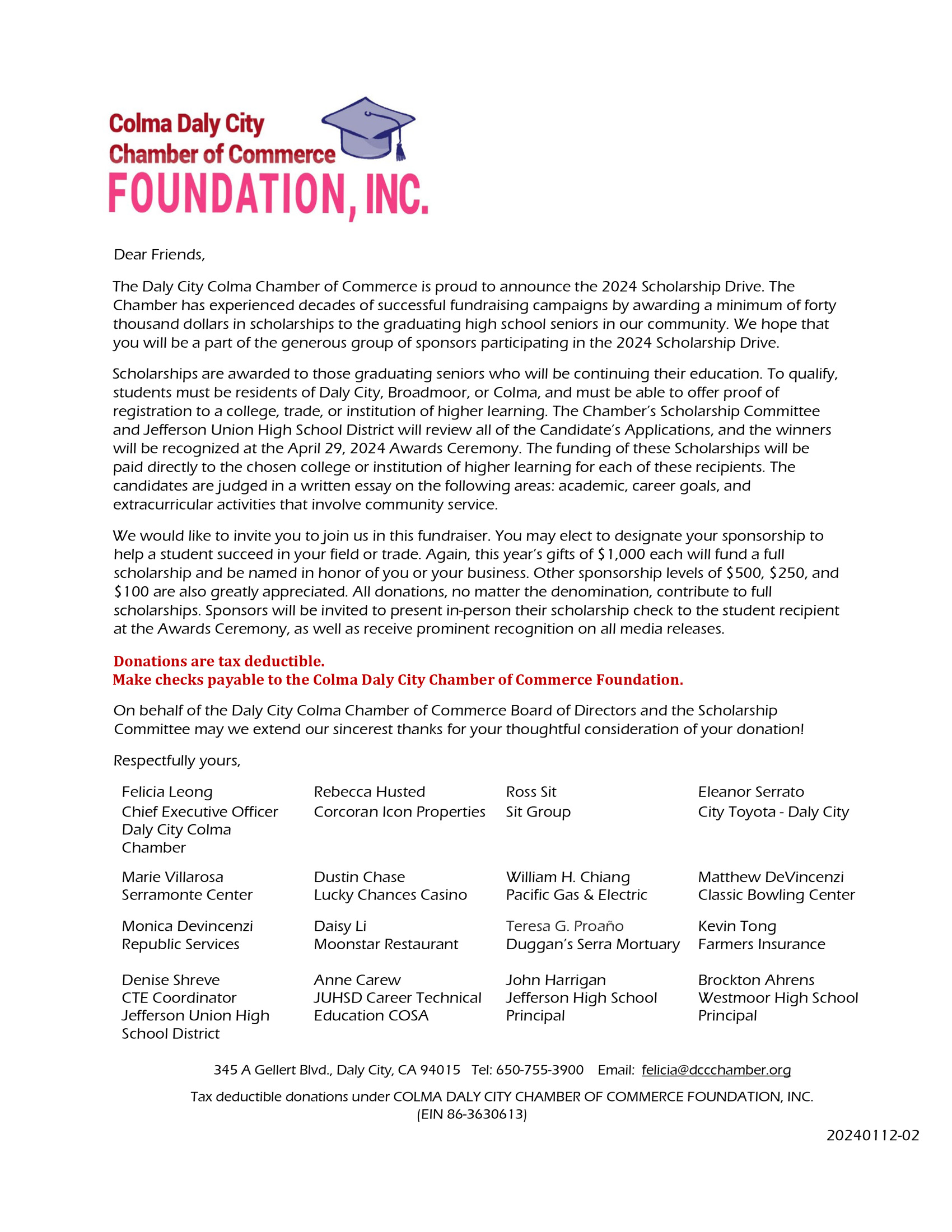 Access to Higher Education Scholarship Fund Drive 2024 donation detail letter