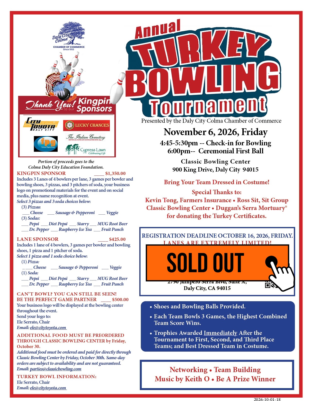 Annual Turkey Bowling Tournament, November 6, 2026 Annual Turkey Bowling Tournament, November 6, 2026